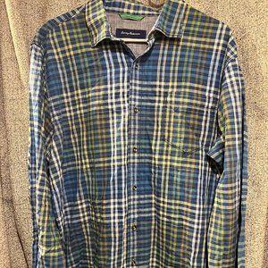Tommy Bahama Men's Shirt Blue/Green/Yellow Plaid Button Front Long Sleeve XL